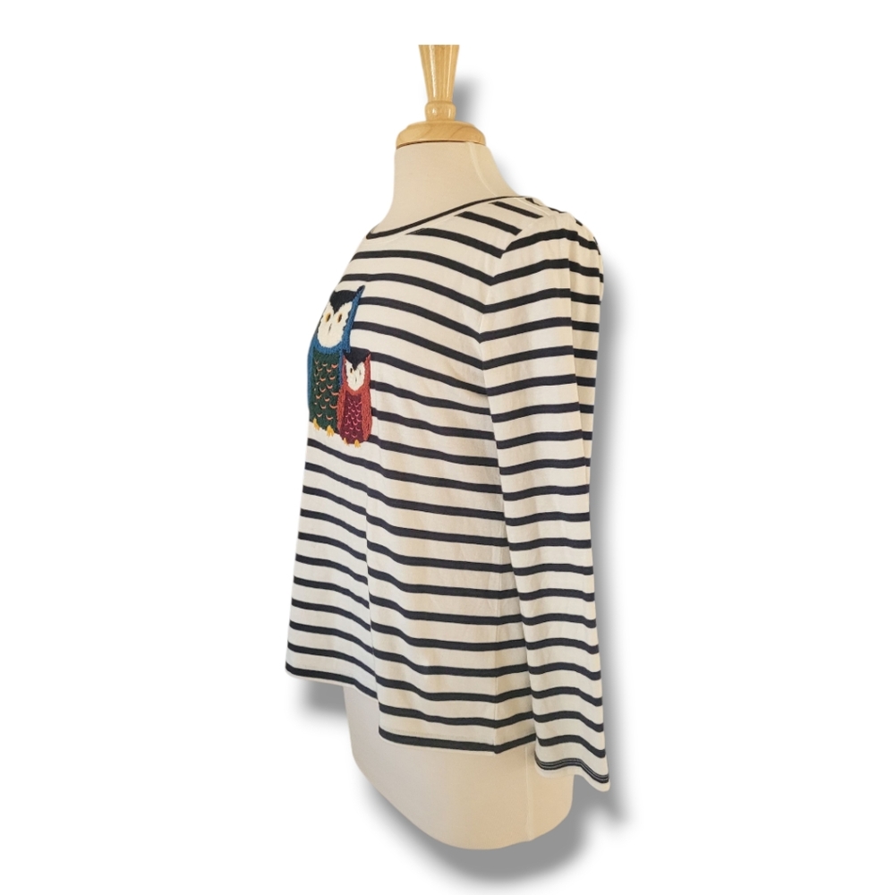 Talbots Round Neck, Owl Motif Striped Long Sleeve Black/White Stretch Top. MP - Picture 4 of 8